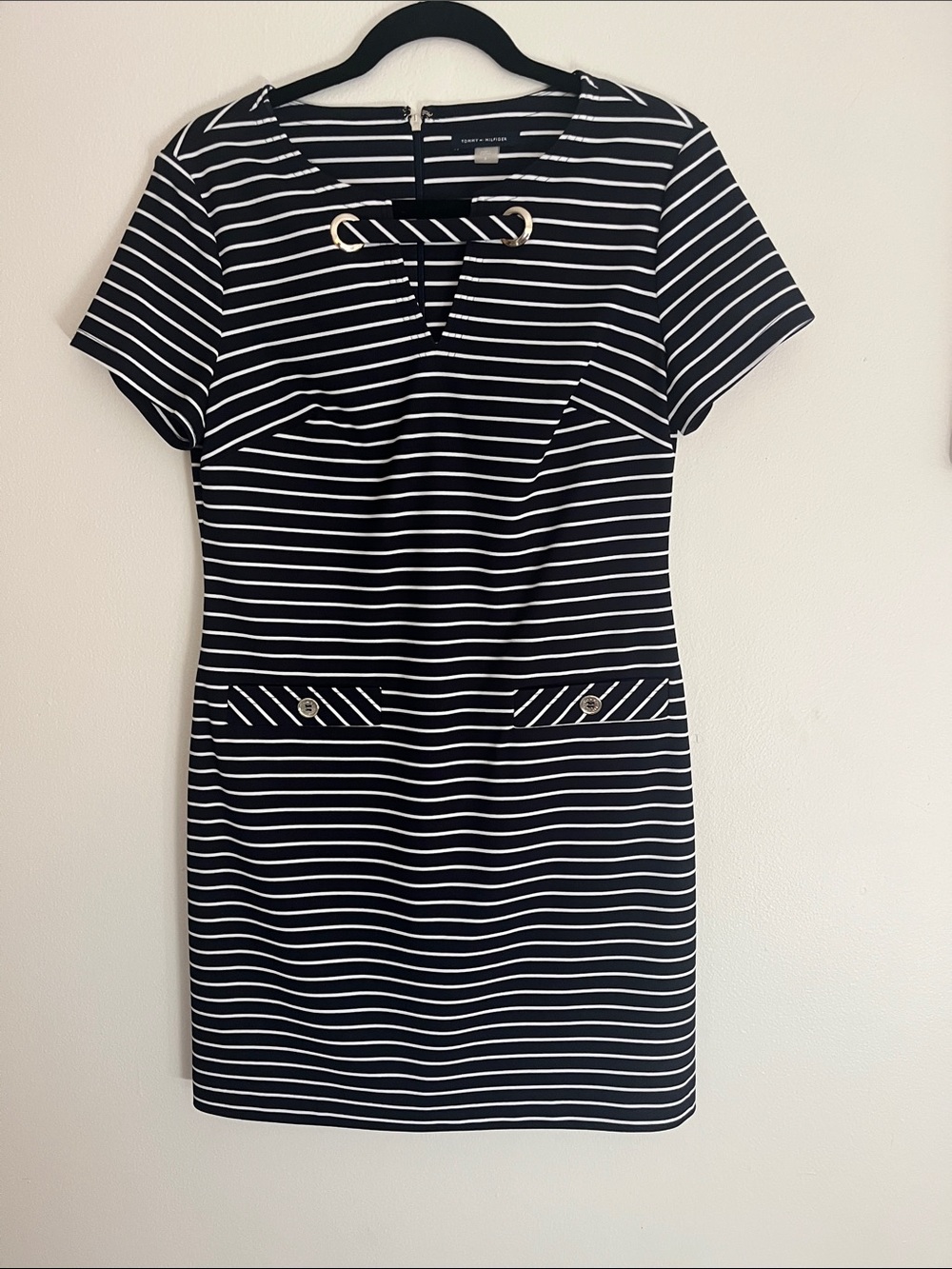 Tommy Hilfiger Black & White Striped Sheath Dress with Grommet Detail